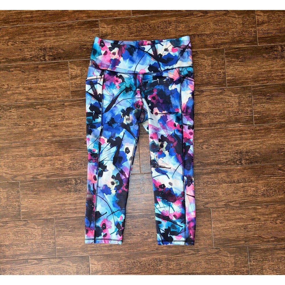 RBX Watercolor Floral High-Waisted Capri Leggings with Pockets -L